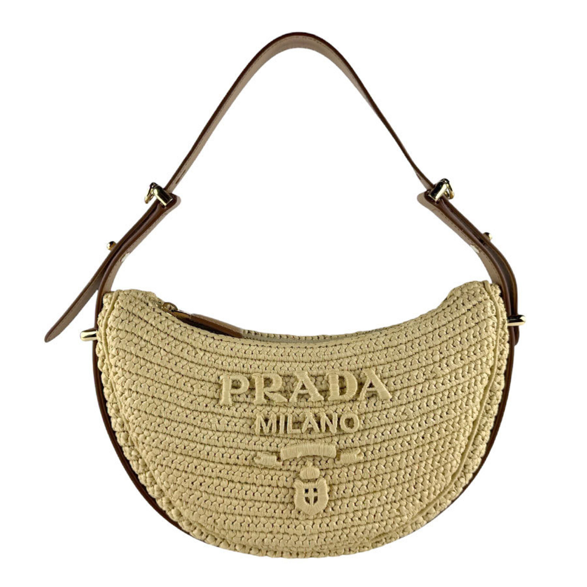 Prada Prada Shoulder Bag Handbag Arche Crochet Leather Viscose Natural Brown ...
